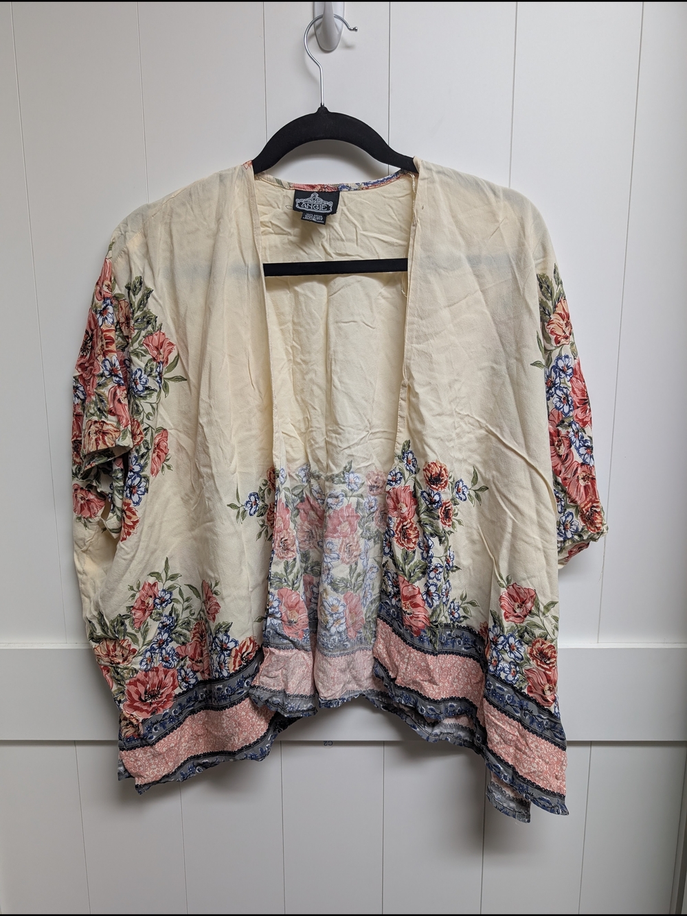 Angie Cream Short Sleeve Kimono with Coral & Blue Floral Trim